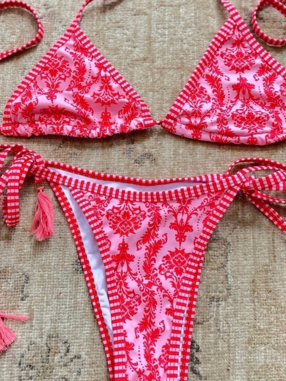 SHEIN Red and Pink Printed Tie-Side Bikini